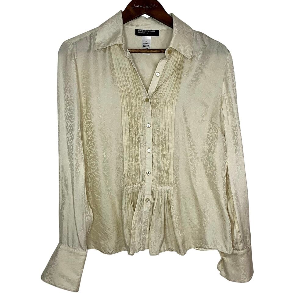 Vintage 100% Silk Jones New York Floral Print Ivory Button Down Shirt Size 12